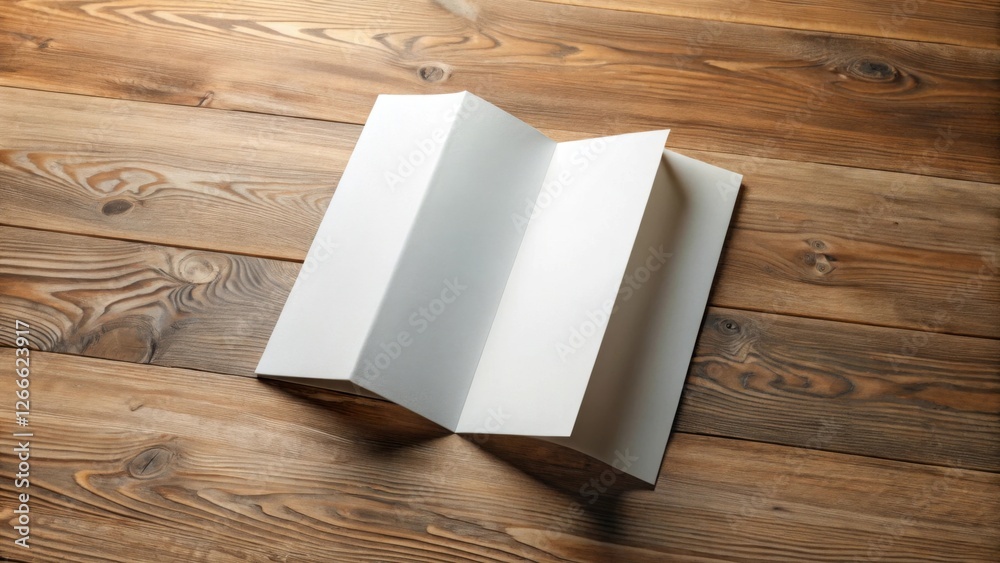 Fototapeta premium Blank Tri-Fold Brochure Mockup on Rustic Wooden Surface, Ideal for Design Presentations and Advertising Material Displays