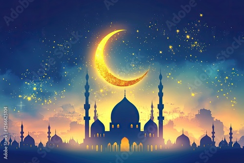 Majestic mosque silhouette under glowing crescent moon and starr photo