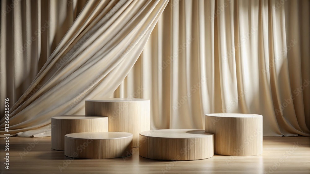 Elegant Wooden Display Platforms with Draped Fabric Backdrop Elegant Wooden Display Platforms with Draped Fabric Backdrop