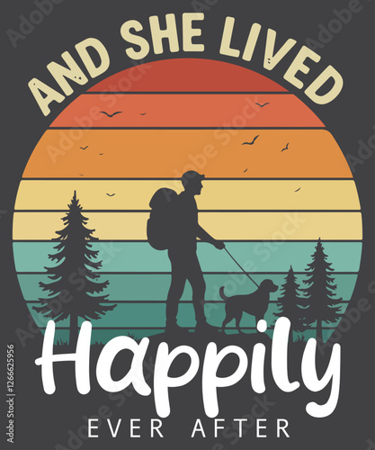 and she lived happily ever after vintage sunset hiking t-shirt design vector, And she lived happily ever after shirt,  vintage, sunset, hiking t-shirt design, 
