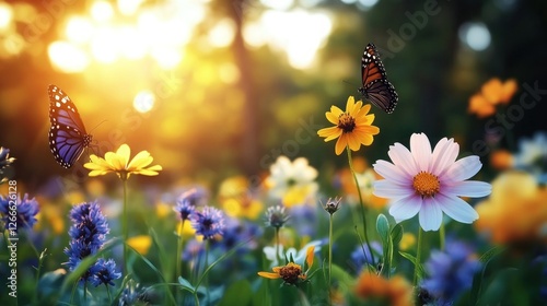 Colorful butterflies flit amongst vibrant wildflowers in a sun-drenched meadow at sunset