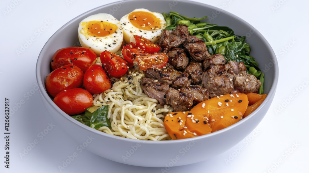 Delicious bowl of noodles with beef, vegetables, and eggs, garnished with sesame seeds Delicious bowl of noodles with beef, vegetables, and eggs, garnished with sesame seeds
