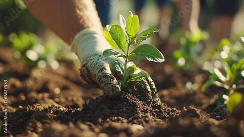Hands Planting Young Seedling in Rich Brown Soil in Natural Light