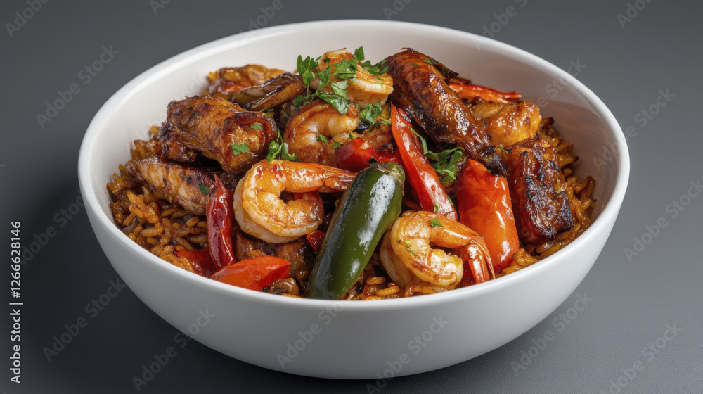 Delicious seafood rice dish with shrimp, peppers, and herbs Delicious seafood rice dish with shrimp, peppers, and herbs