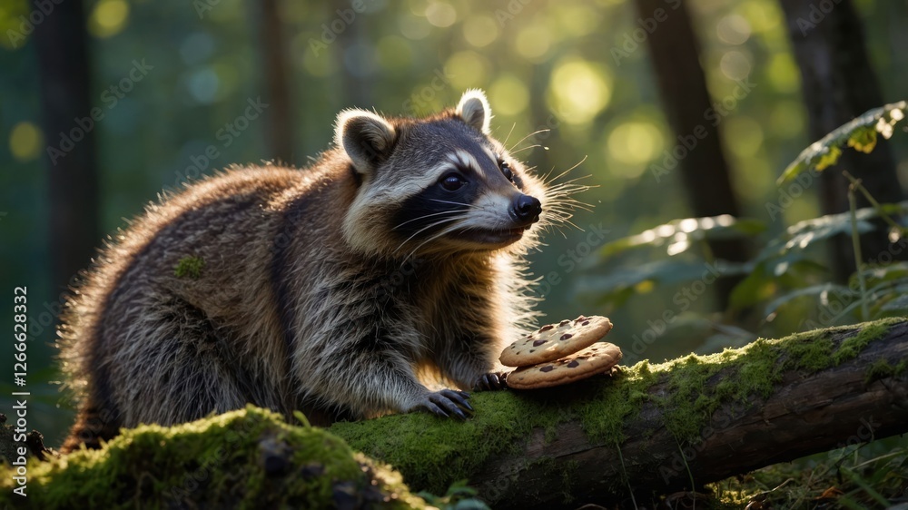 A raccoon curiously approaches a stack of cookies on a mossy log in a forest setting. A raccoon curiously approaches a stack of cookies on a mossy log in a forest setting.
