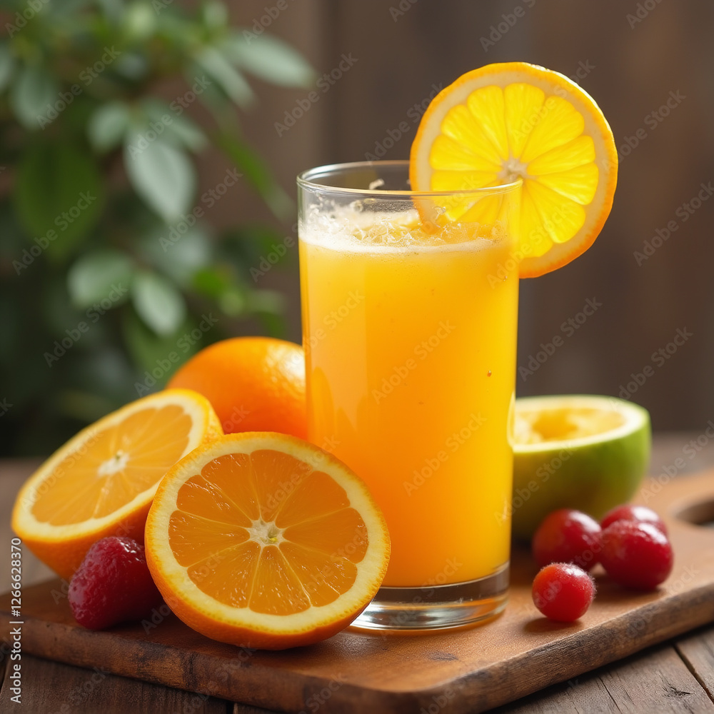 glass of fresh orange juice with fresh fruits glass of fresh orange juice with fresh fruits