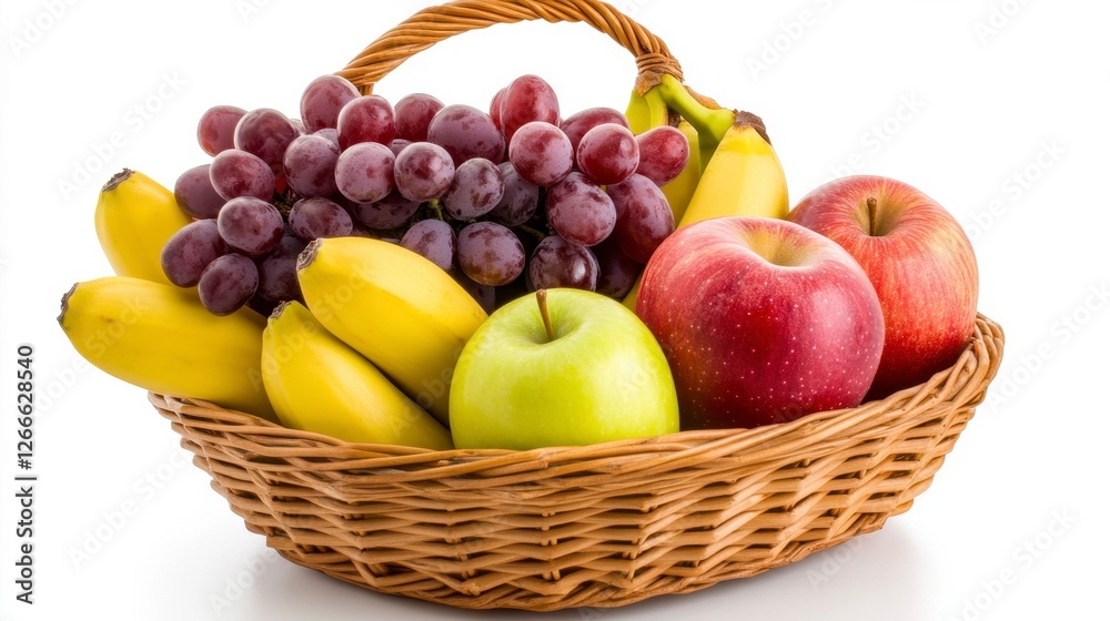 Wicker Fruit Basket Displaying Grapes Apples and Bananas on White Background Wicker Fruit Basket Displaying Grapes Apples and Bananas on White Background