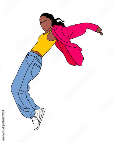 Girl dancing street dance in urban hip hop style. Young black woman dancing break dance. Cartoon female character. Vector flat illustration isolated on white background.