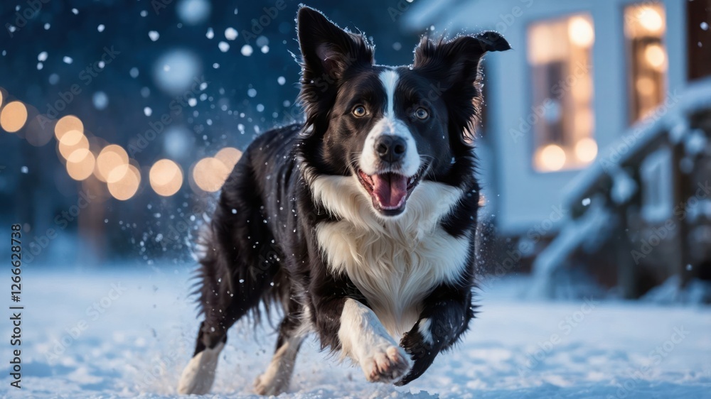 A joyful dog running through the snow with a festive background. A joyful dog running through the snow with a festive background.