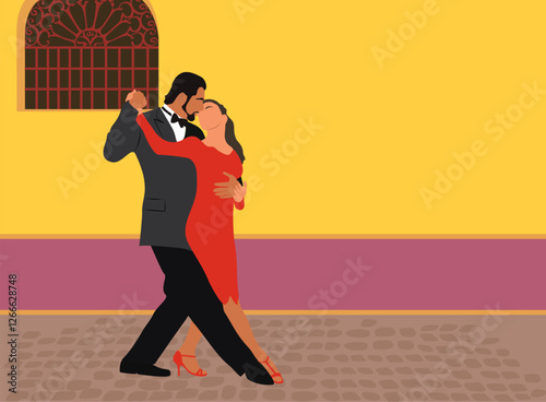 Latin Dancers couple in salsa, bachata or tango poses on the old Boca Chica street in Buenos Aires. Flat vector realistic illustration with copy space. Horizontal banner, cover, background template.