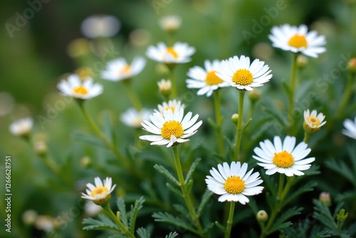 Santolina chamaecyparissus in full bloom with white flowers and yellow petals, santolina, silvery foliage photo