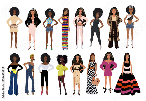 Fashion doll collection. Pretty girls different skin colors wearing fashionable casual outfit. Cartoon style fashion vector illustrations isolated on white background.
