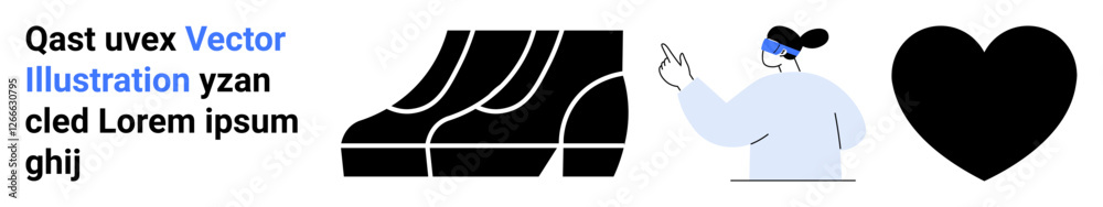 Bold black shoes, a heart icon, and a cheerful character waving create a vibrant minimalist composition. Ideal for lifestyle, footwear branding, health, empathy, fitness, modern art flat landing Bold black shoes, a heart icon, and a cheerful character waving create a vibrant minimalist composition. Ideal for lifestyle, footwear branding, health, empathy, fitness, modern art flat landing