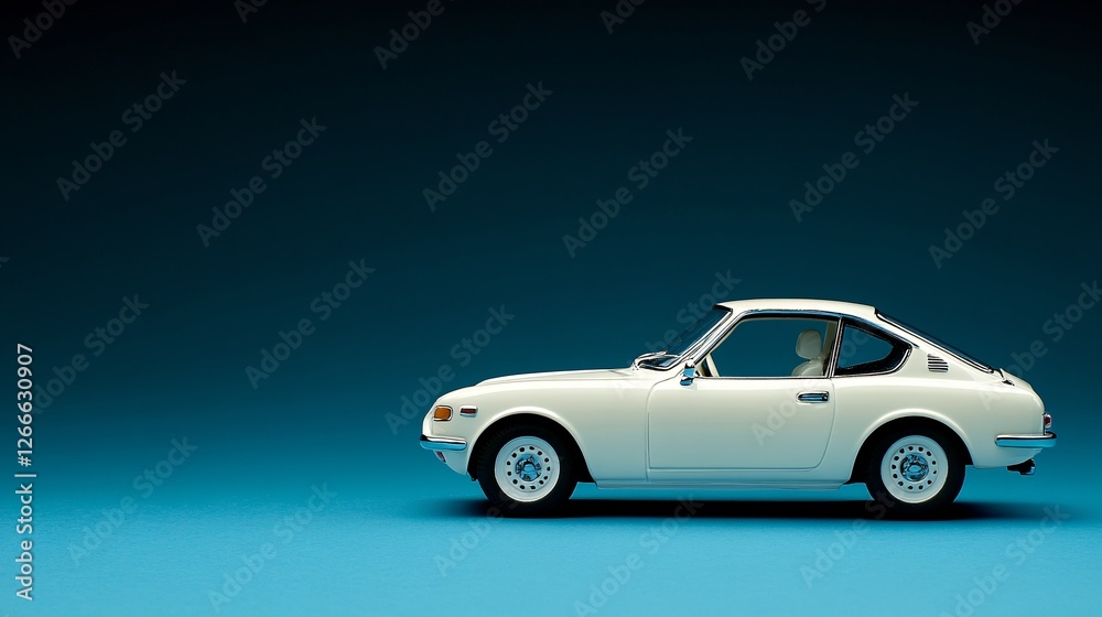 Fototapeta premium Mockup concept. Classic white car against a dark blue background, showcasing its sleek design and vintage appeal.