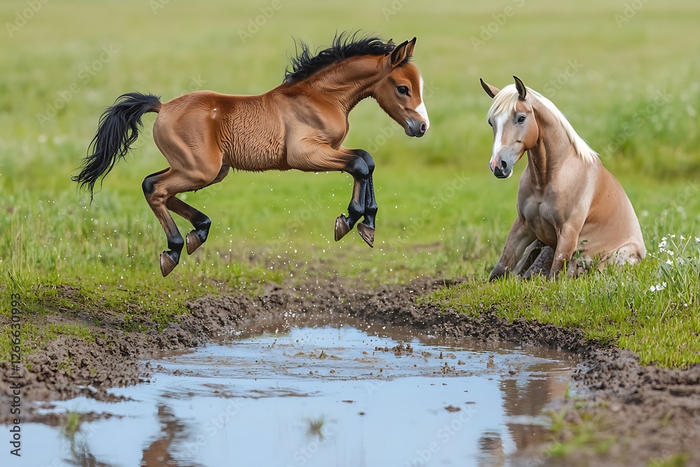 Obraz premium An energetic image of a playful foal jumping over small puddles with her attentive mother watching on the side, celebrating life after rain.