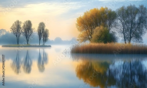 Serene landscape with trees and reeds reflected in calm water under a misty sky 

