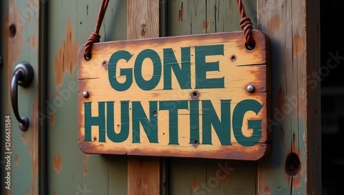 Gone hunting sign on rustic door