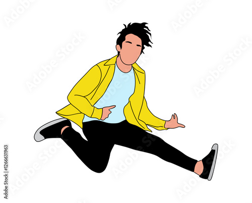 Man dancing street dance in urban hip hop style. Dancer jumping and dancing break dance. Cartoon character. Vector flat illustration isolated on white background.