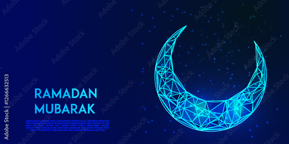 Fototapeta premium Ramadan Mubarak Low Poly Background – Futuristic Islamic Eid Design with Glowing Crescent Moon, Wireframe Hand, Blue Night Sky, and Sparkling Stars
