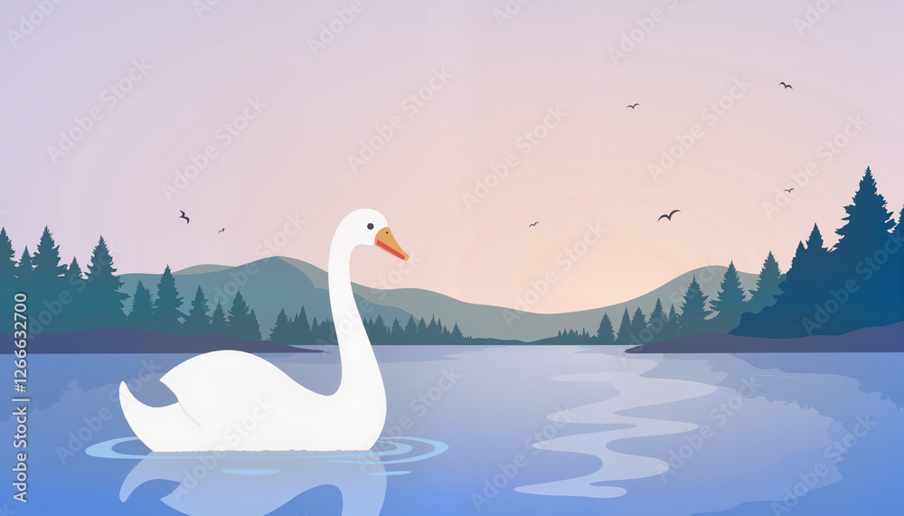 Fototapeta premium Graceful swan gliding on tranquil lake at dusk, serenity and beauty