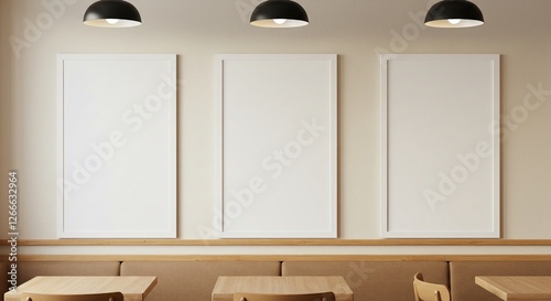 Three Blank White Frames Above Table in Restaurant or Cafe Interior