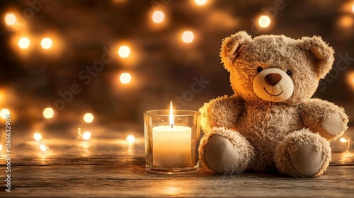 An emotional remembrance setup with a soothing teddy bear and a flickering candle light for child loss.