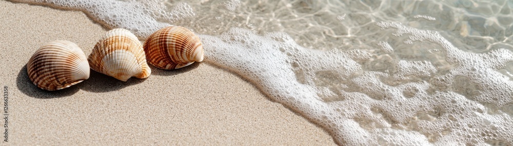 Close-Up of Beautiful Seashells on Sandy Beach with Gentle Ocean Waves Lapping in the Background Close-Up of Beautiful Seashells on Sandy Beach with Gentle Ocean Waves Lapping in the Background