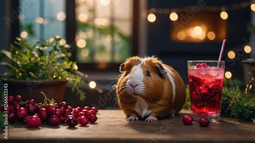 A cute guinea pig beside a drink and cranberries, set in a cozy, festive environment. photo