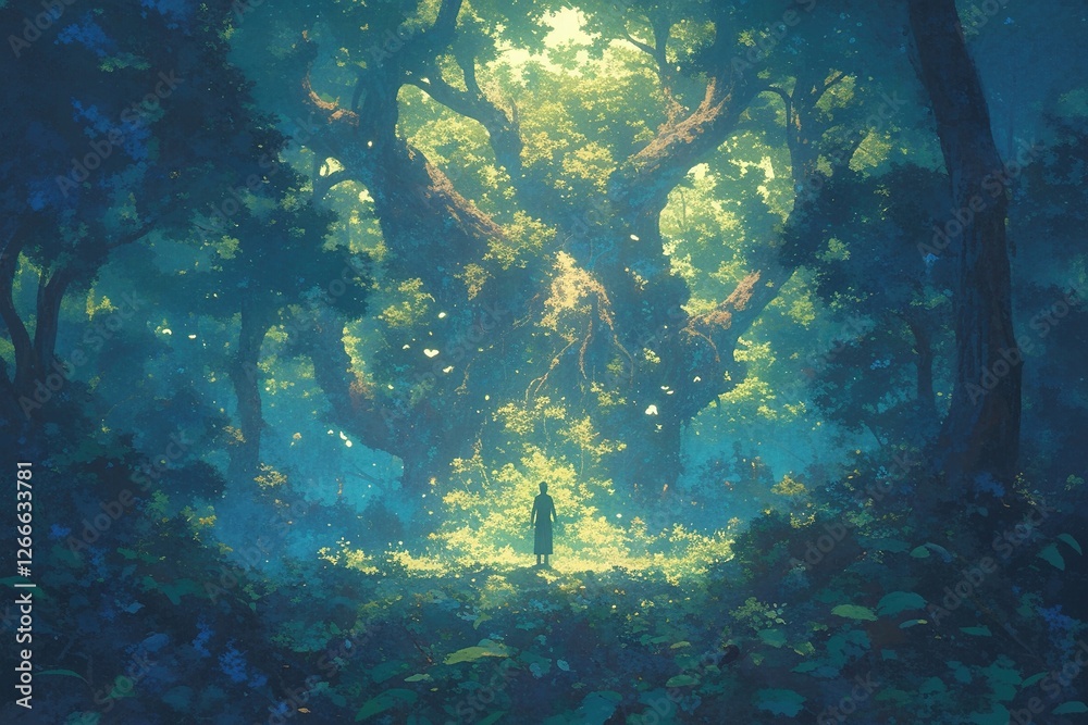 Obraz premium Person stands in forest beneath large tree, sunlight filters through leaves for background