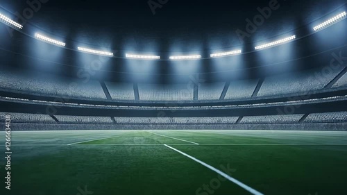 Sports background with a stadium at night with glowing spotlights. Camera flying over grass field. Professional 4K video loop for sports advertisement 