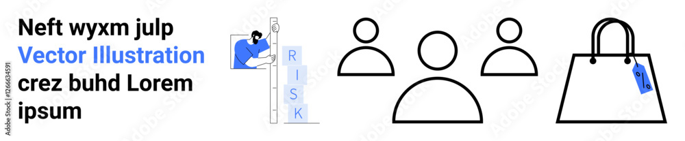 Professional analyzing risk steps, group of people icons, and a shopping bag with tag. Ideal for business, teamwork, finance, risk management, retail, e-commerce consulting flat landing page banner Professional analyzing risk steps, group of people icons, and a shopping bag with tag. Ideal for business, teamwork, finance, risk management, retail, e-commerce consulting flat landing page banner