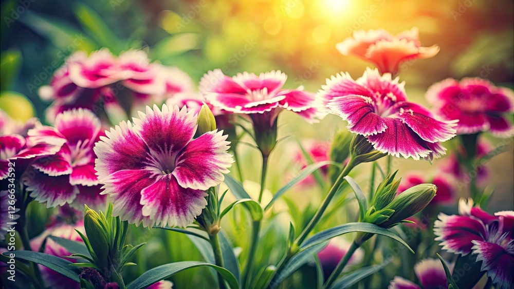 Fototapeta premium Vintage garden photo: Sweet William blooms, Dianthus chinensis, bursting with vibrant color.