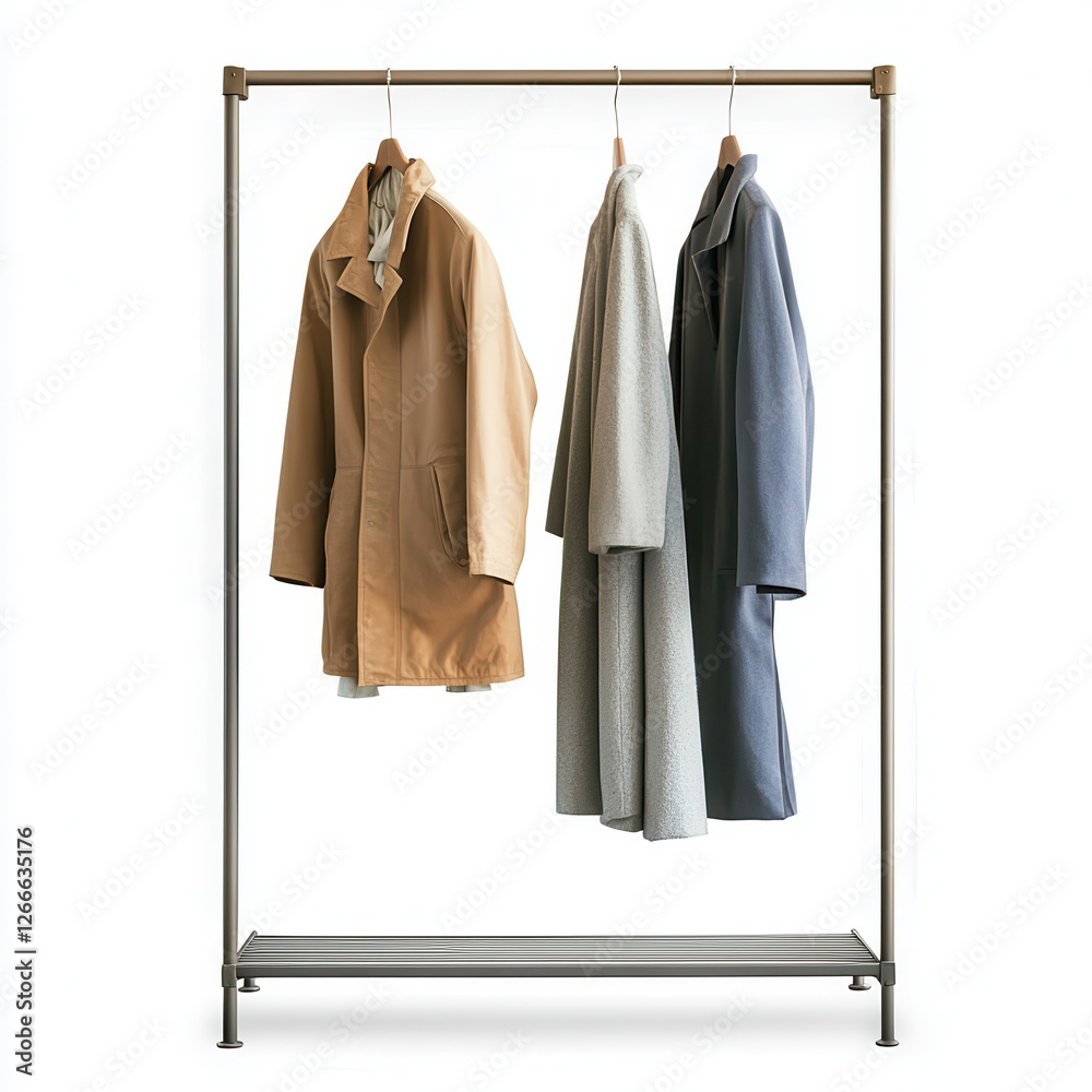 Minimalist Wardrobe Display: A sleek, metallic clothing rack showcases a curated collection of stylish coats, emphasizing clean lines and modern design. Minimalist Wardrobe Display: A sleek, metallic clothing rack showcases a curated collection of stylish coats, emphasizing clean lines and modern design.