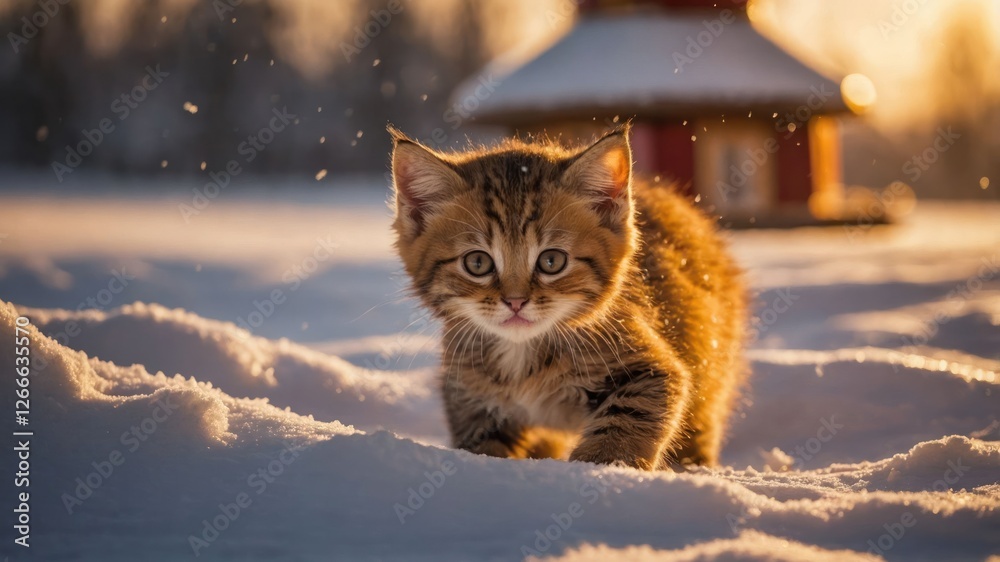 A playful kitten explores a snowy landscape during sunset, creating a serene winter scene. A playful kitten explores a snowy landscape during sunset, creating a serene winter scene.