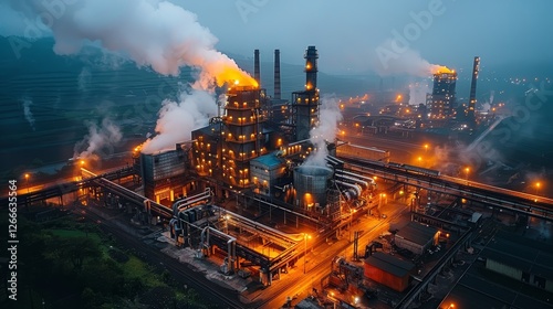 Aerial view of a bustling industrial complex at dusk, emitting smoke and illuminated by orange lights photo