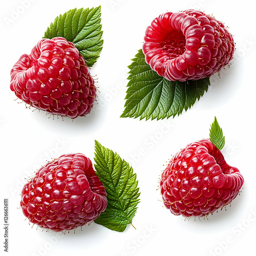 Fresh Raspberries with Leaves on White Background for Food Photography photo