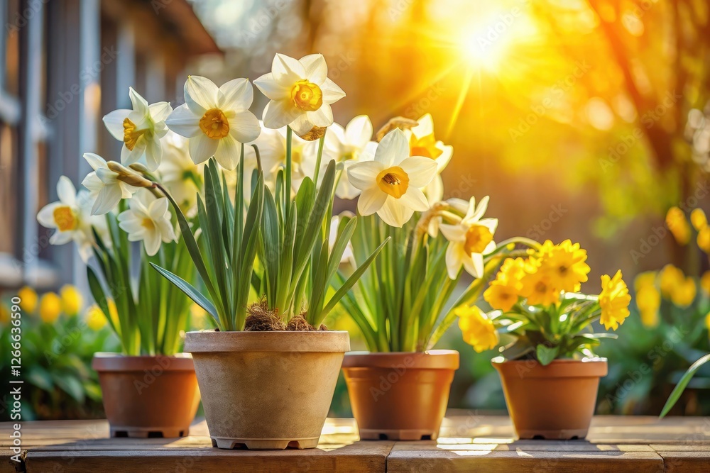 Whimsical yellow and white daffodils bloom on a surreal spring terrace. Whimsical yellow and white daffodils bloom on a surreal spring terrace.