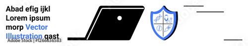 Open laptop next to a shield containing cyber-themed icons. Ideal for cybersecurity, antivirus, data protection, technology, online safety, system security, abstract line flat metaphor