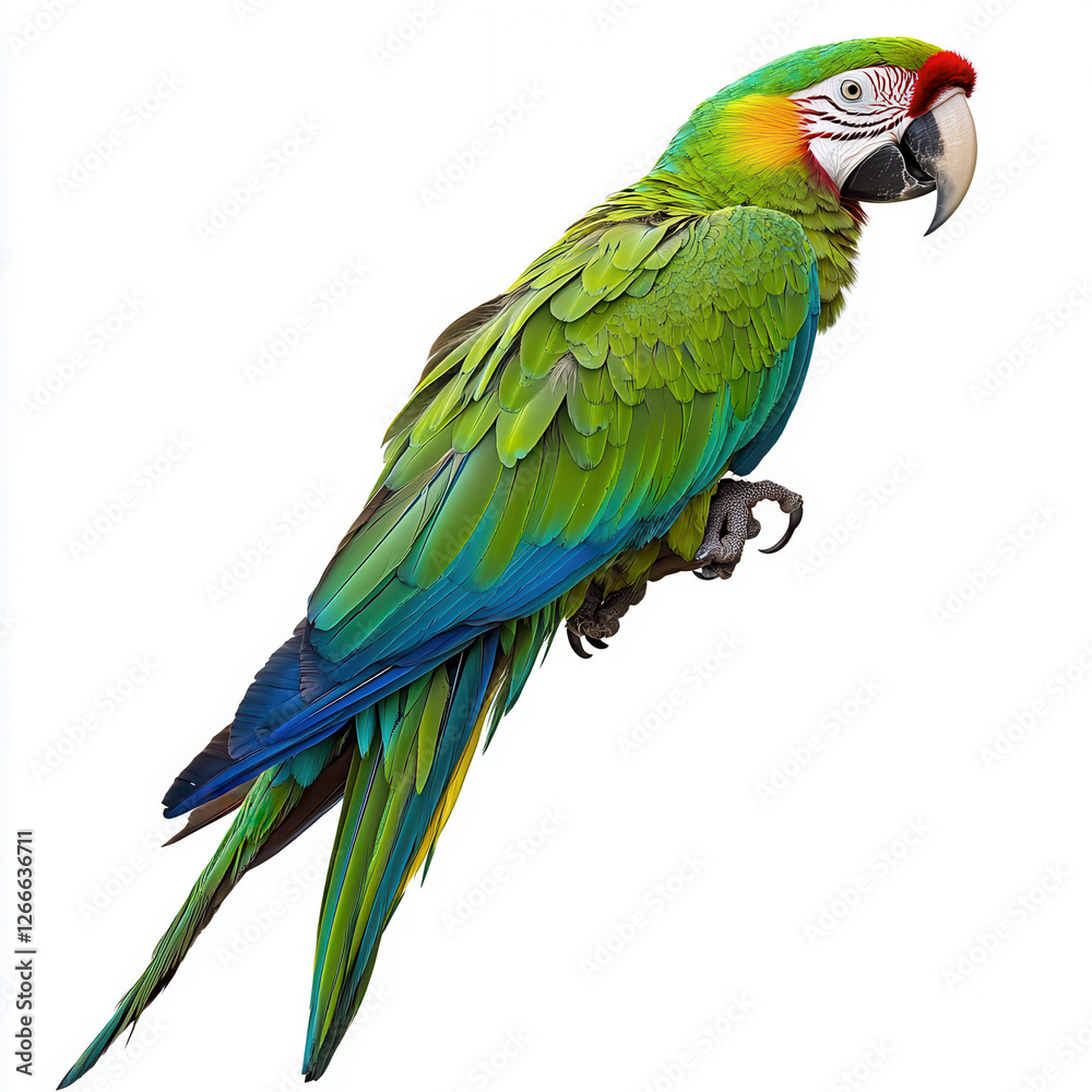 Fototapeta premium Vibrant Macaw: Capture the brilliance of a macaw parrot in exquisite detail, showcasing its radiant plumage of emerald green, sapphire blue, and ruby red hues in the image. 