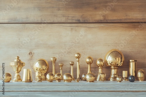 Collection of polished brass finials and decorative hardware displayed on a wooden surface. photo