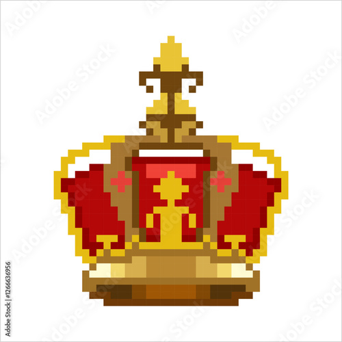 Pixel art of king crown. Pixelated crown icon for games design.