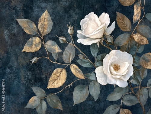 Elegant white roses, gold leaves, dark background; home decor