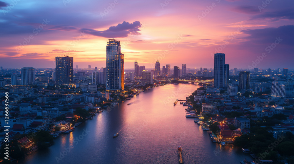 Cityscape at night on Chao Phraya in Bangkok. Skyscrapers reviewing the glittering sunsets create a romantic and stylish atmosphere. Cityscape at night on Chao Phraya in Bangkok. Skyscrapers reviewing the glittering sunsets create a romantic and stylish atmosphere.