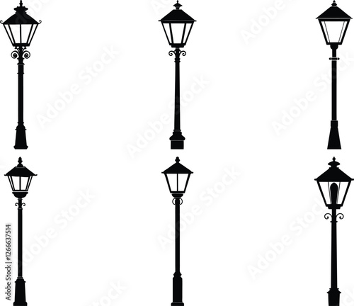 street lamp silhouette set, old post lamps silhouette vector