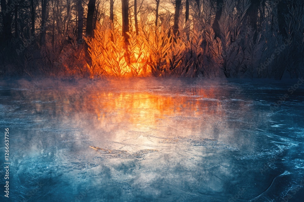 Frozen plants in a forest reflect in a misty, ice-covered lake at sunrise, creating a magical, surreal scene. Frozen plants in a forest reflect in a misty, ice-covered lake at sunrise, creating a magical, surreal scene.