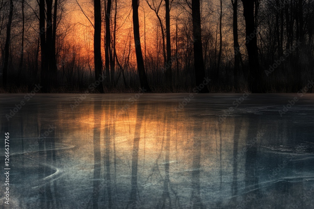Silhouetted trees reflected in a frozen lake at sunset, creating a serene winter landscape.