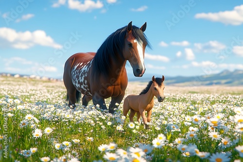 An uplifting scene of a spirited stallion leading his nervy colt through a vibrant field of daisies, with a bright blue sky overhead.