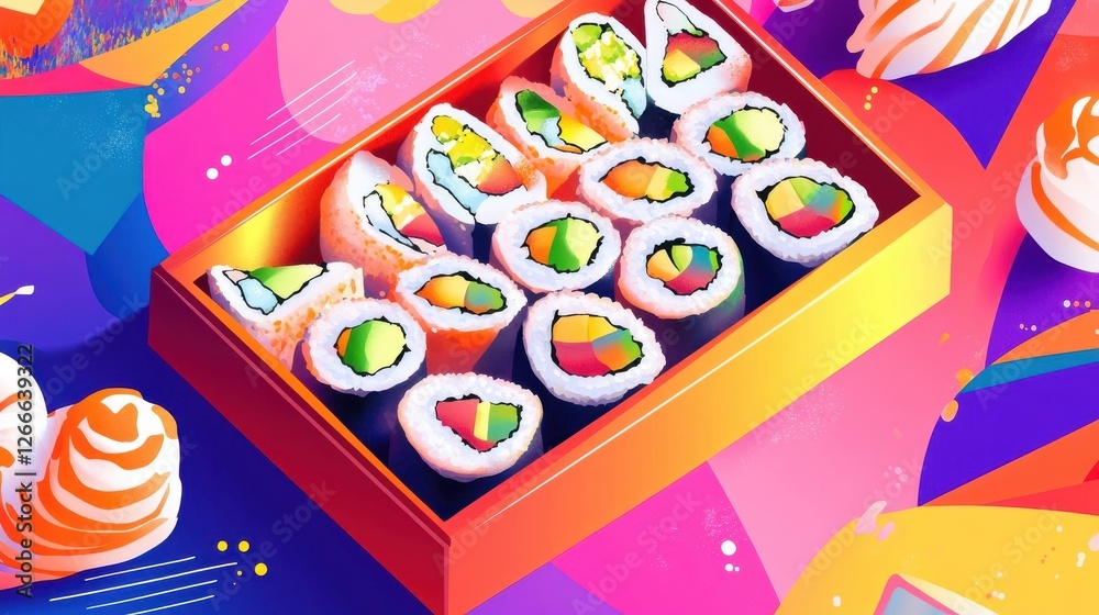 Fototapeta premium Vibrant Rainbow Sushi Rolls in Colorful Box