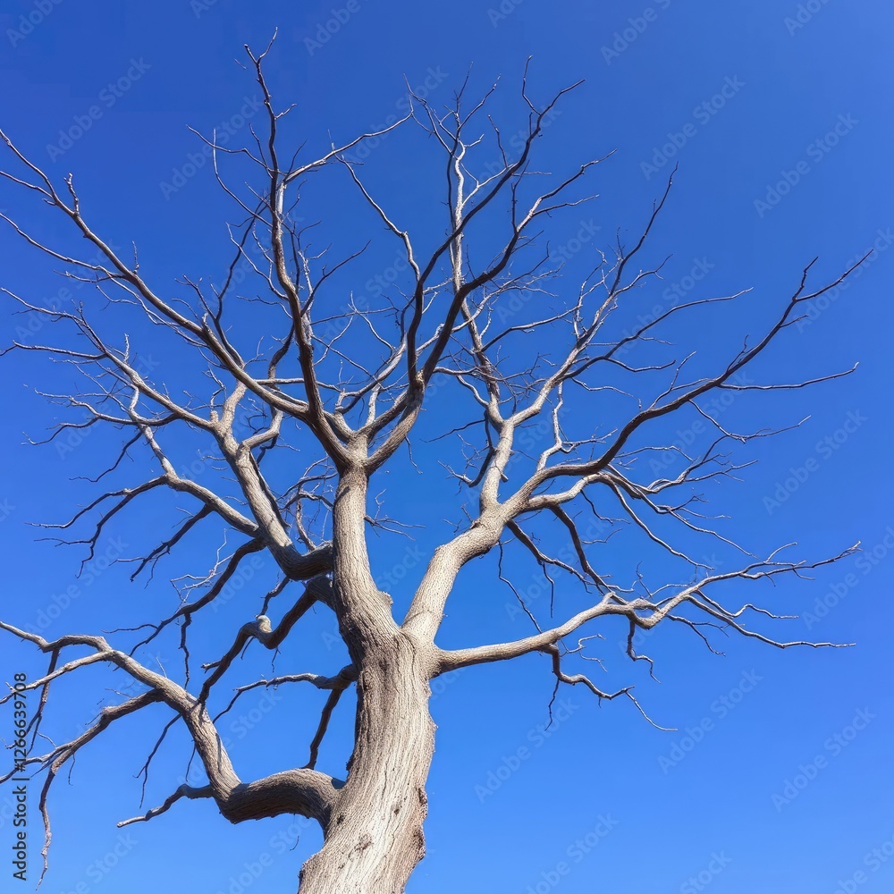 Fototapeta premium Dead tree's bare branches stretch towards sky, dead tree, sticks, branches