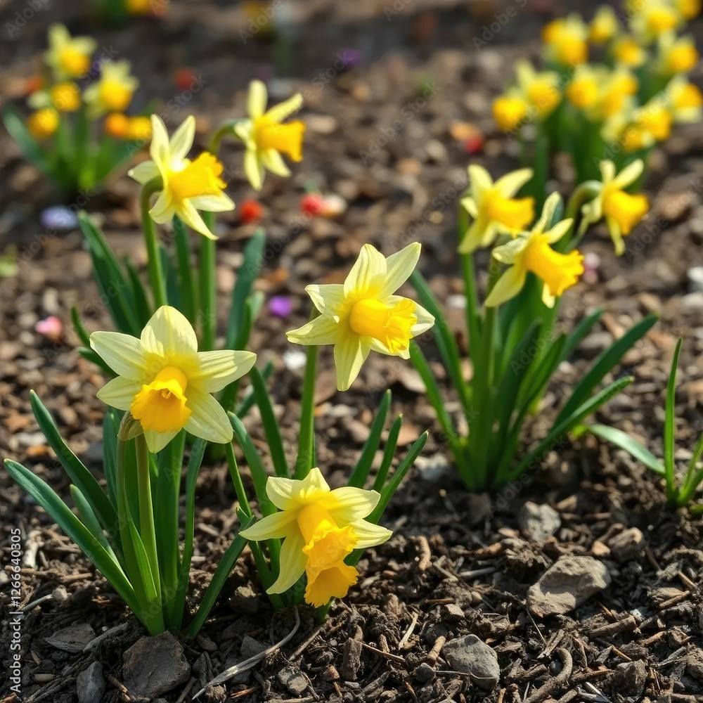 Delicate daffodil stems unfolding from the earth, bright petals, wildflowers Delicate daffodil stems unfolding from the earth, bright petals, wildflowers